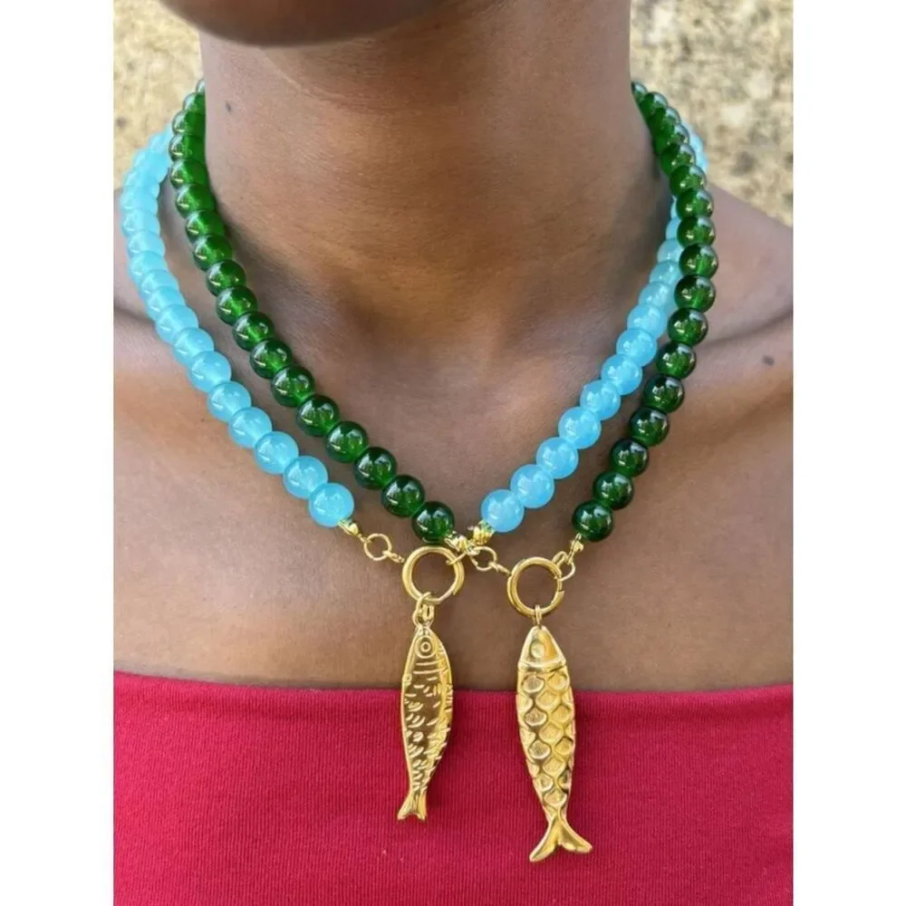 Blue Beaded Necklace with Gold Fish A1771